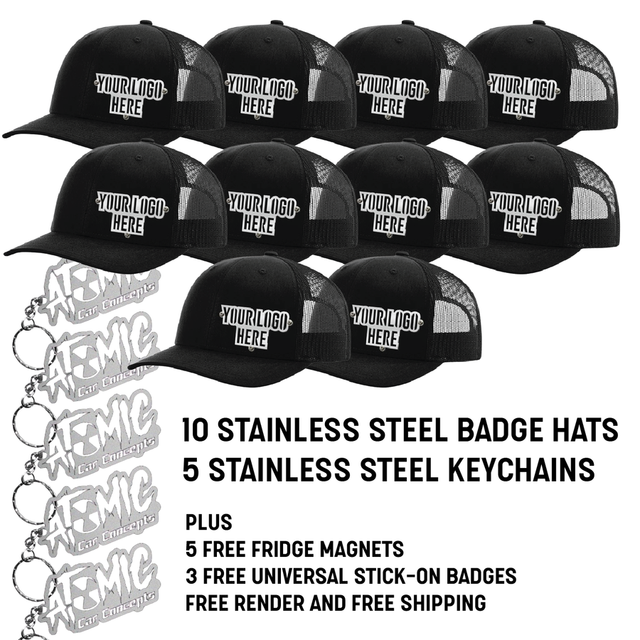 Small Business Bundle - 10 Stainless Steel Badge Hats, Keychains and Universal Badges — view 2