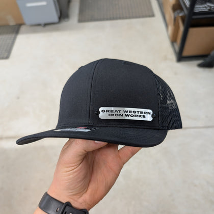 Custom Company Badge Hats With Logo - Mesh Trucker Hat – Brushed Silver/Black Badge - Economy - Headgear Hats