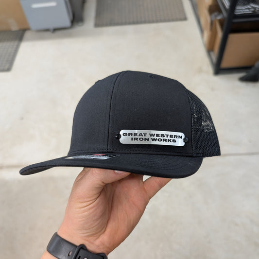 Custom Company Badge Hats With Logo - Mesh Trucker Hat – Brushed Silver/Black Badge - Economy - Headgear Hats